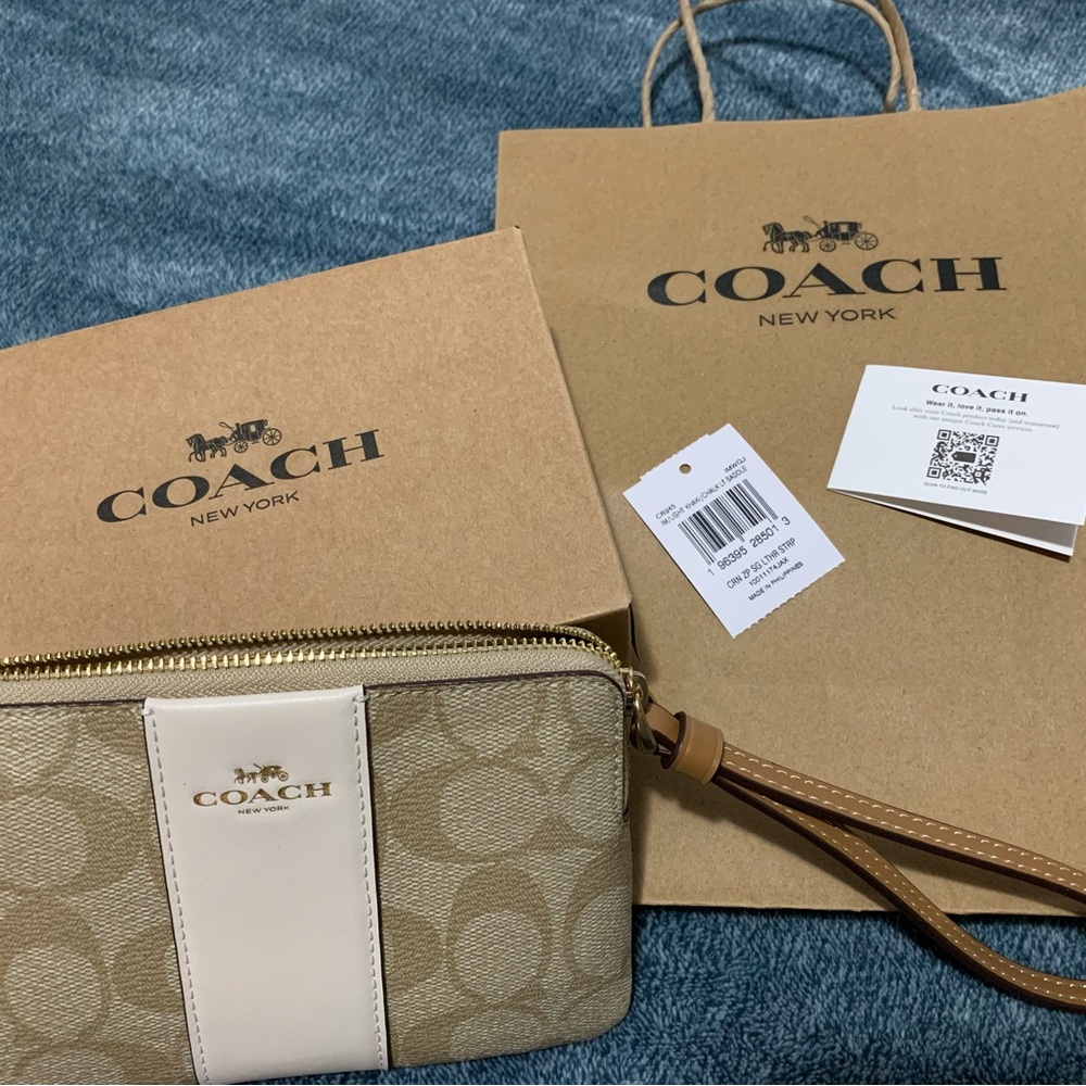 Coach Tan and Cream Wristlet Bag Signature Design